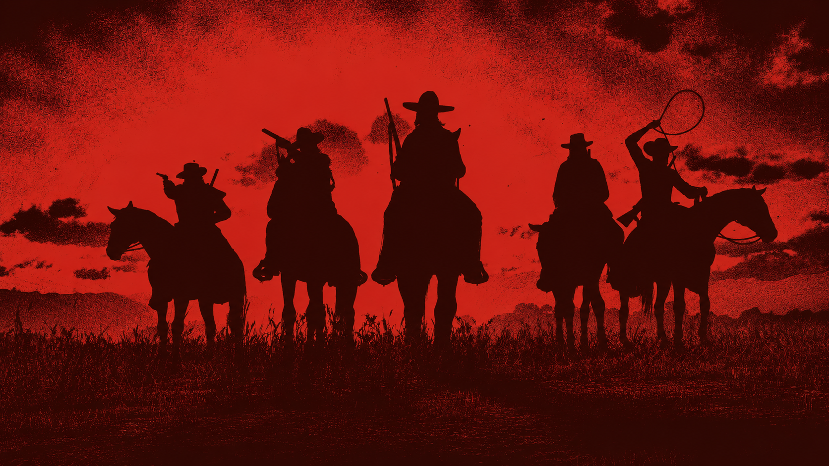 Five riders silhouetted on horseback against a red frontier sky, one swinging a lasso